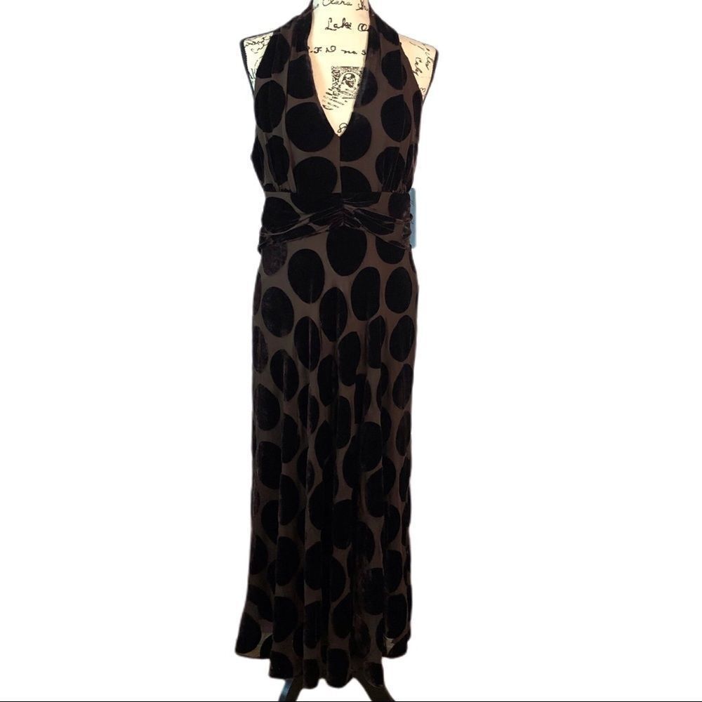 Chocolate maxi halter with velvet dots dress.